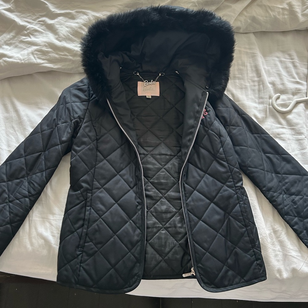 Barbie Black Quilted Puffer Jacket with Faux Fur Hood